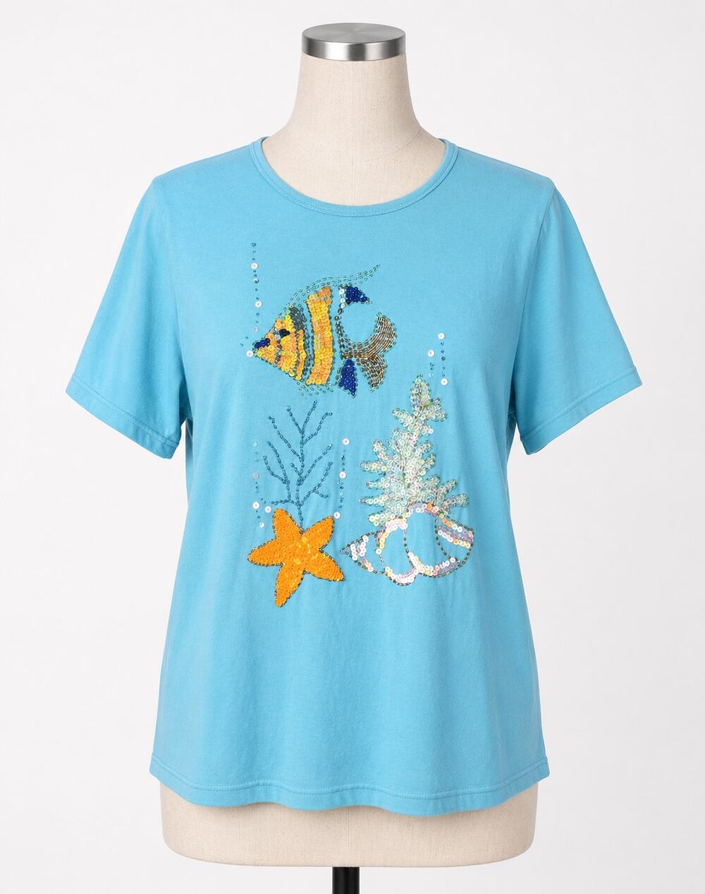 Turquoise Tee with Sequin Fish and Starfish Motif Ocean